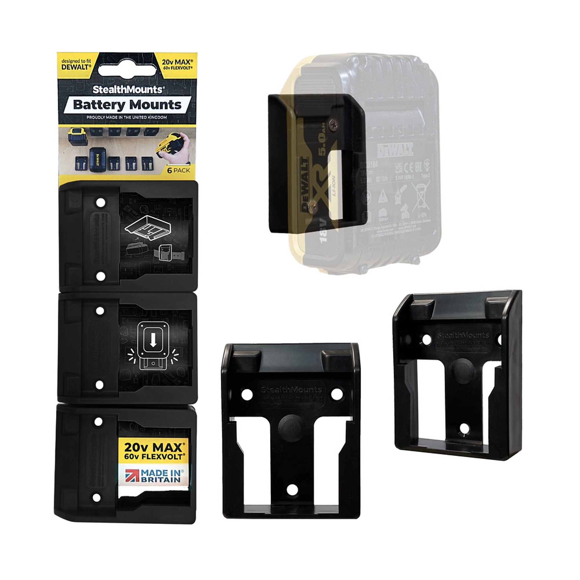 Battery Mounts compatible with DeWalt 20v/60v (6 Pack)
